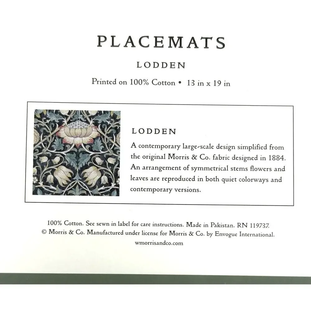 William Morris & Co Placemats Lodden 100% Cotton Fabric Dark Green 13x19” Set 4